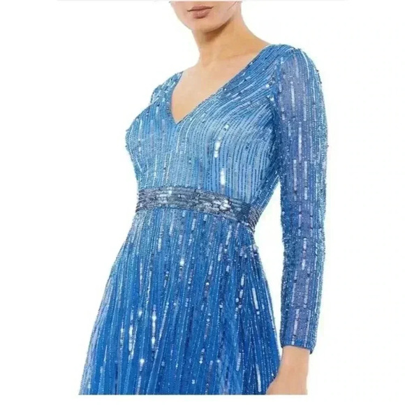 Mac Duggal Blue Embellished Long Sleeve A Line Midi Cocktail Dress-Size 4 - Picture 2 of 12
